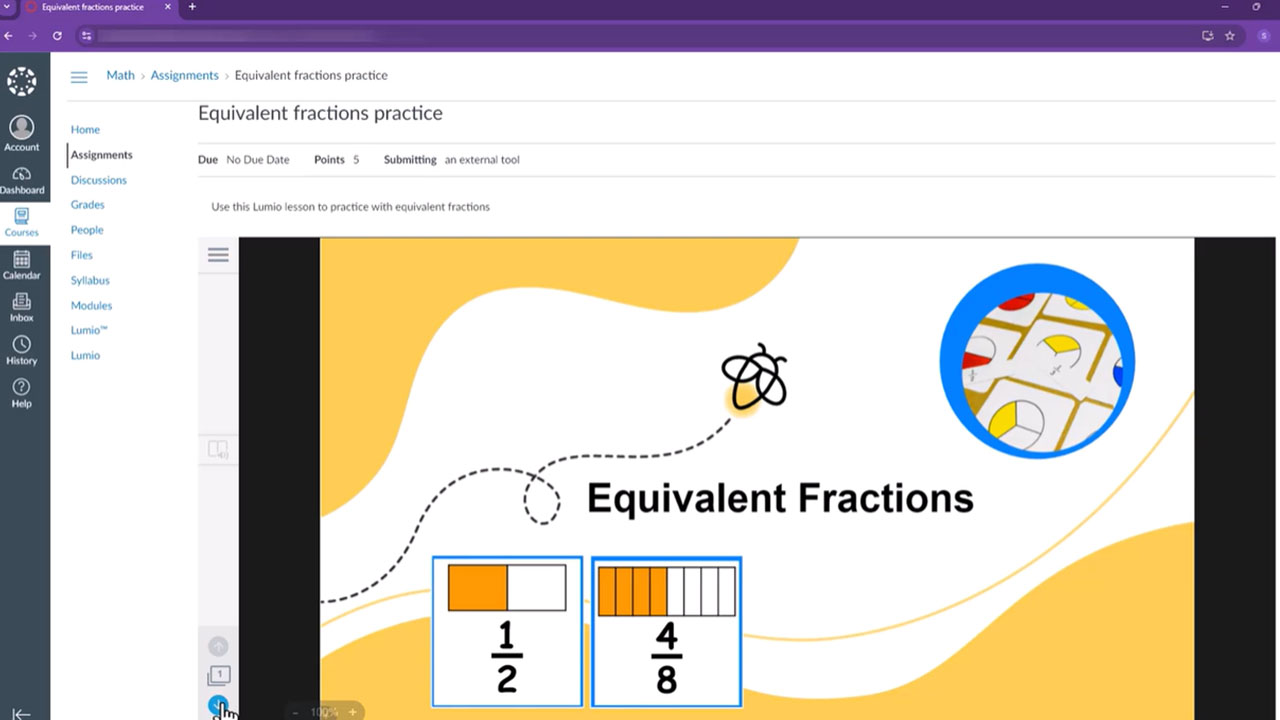Screenshot of an equivalent fractions practice assignment using a Lumio lesson, as seen in an LMS interface.