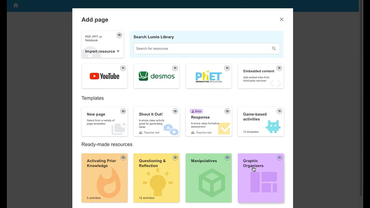 Interface showing Lumio's shared library creation options, including templates and ready-made resources.