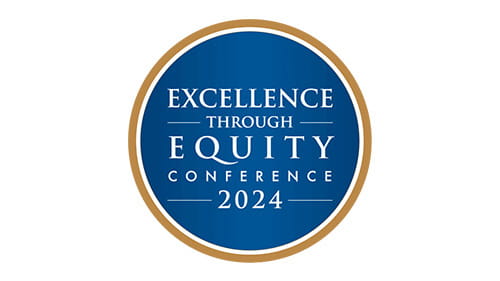 Excellence Through Equity Conference 2024 logo in bold white text, set against a deep blue background with a gold circular border.