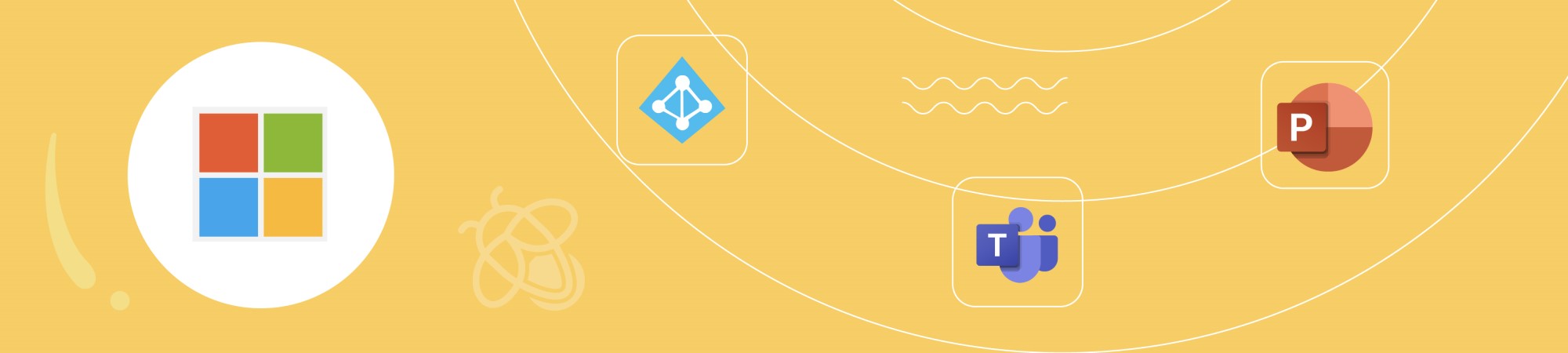 Graphic banner representing Lumio's compatibility with Microsoft products including Windows, Azure, Teams, and PowerPoint on a vibrant yellow backdrop.