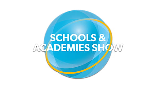 Logo for the Schools and Academies Show featuring a blue orb with yellow highlights.