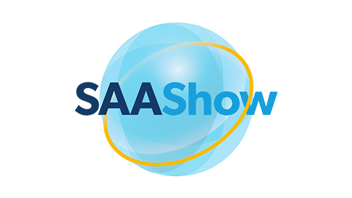 Logo of the School and Academies Show featuring an abstract blue globe with an orange and yellow orbit ring, with the text 'SAAShow' prominently displayed.