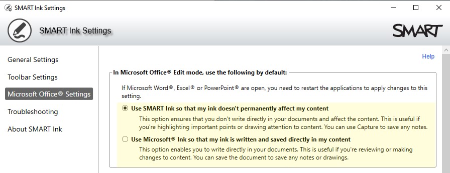 Settings panel for SMART Ink in Microsoft Office, showing options for ink interaction with document content.