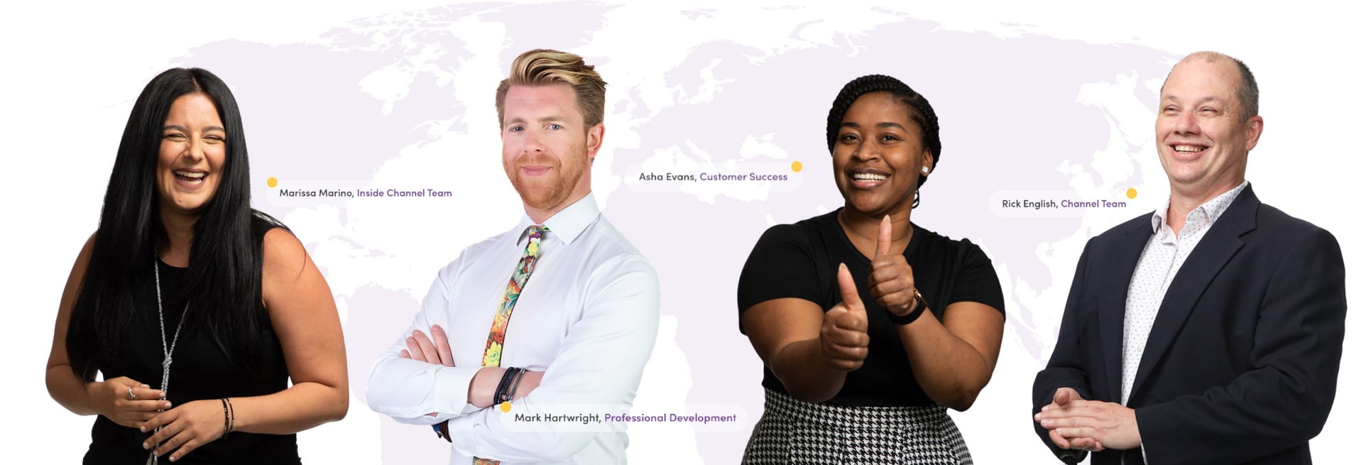 Four SMART Technologies team members, each representing different roles within the company, smiling and posing confidently, overlayed on a map of the world.