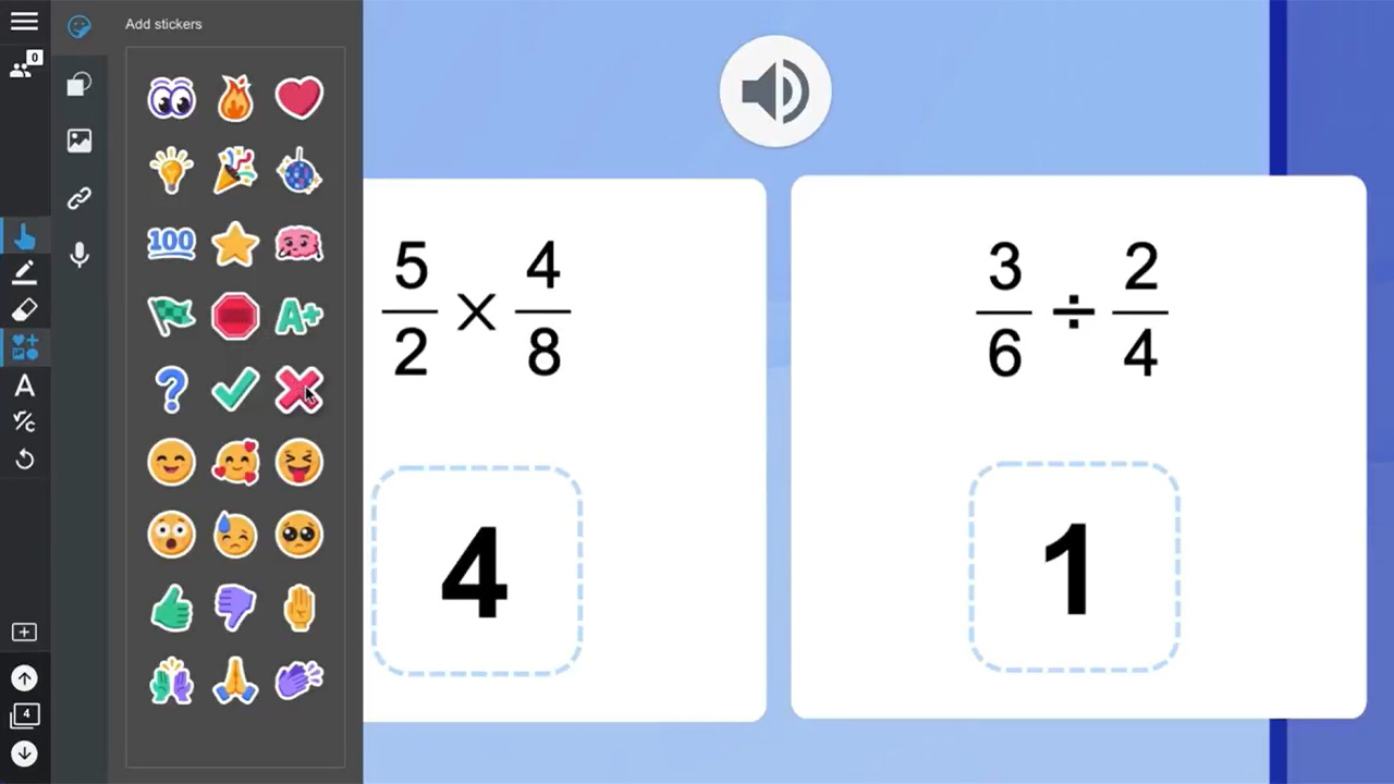 Fraction multiplication and division problems with stickers for engaging classroom interaction.