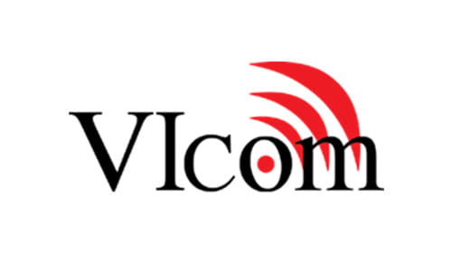 Logo for VIcom with a bold red wireless signal icon.
