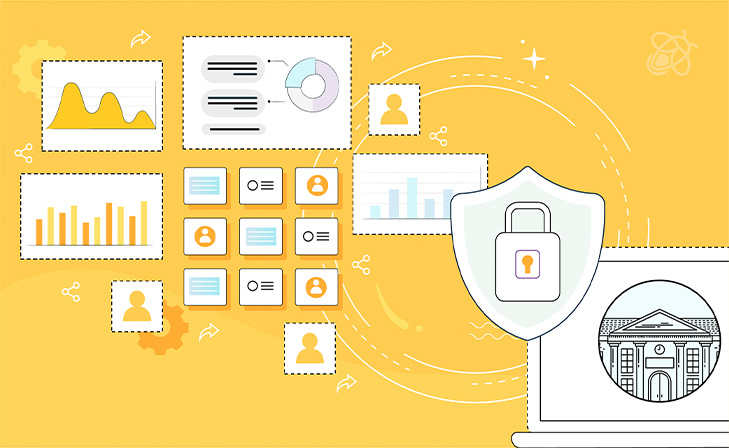 An illustration depicting various educational tools like graphs, documents, and a security shield, highlighting data management and security in educational technology.