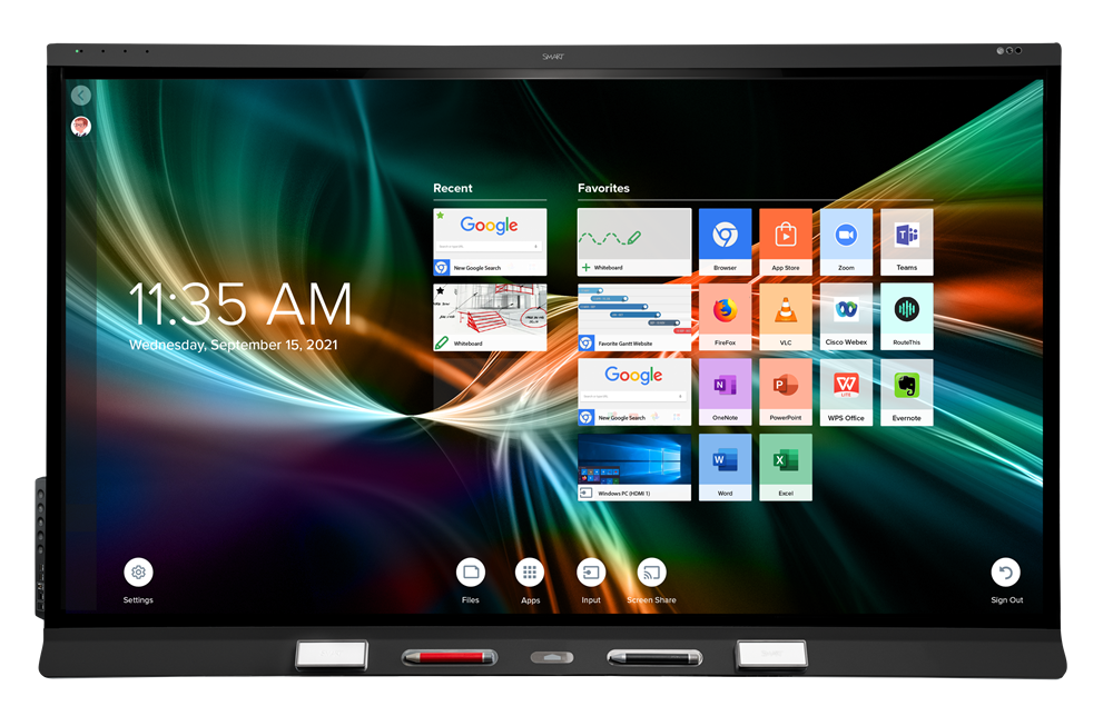 SMART Board 6000S Pro displaying a colorful interface with various apps.