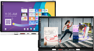 Variety of SMART board displays showcasing educational and business applications with vibrant and interactive screens.