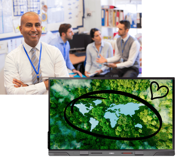 A smiling male teacher with arms crossed in a school office, and a separate image of a SMART 168极速赛车开奖网 极速赛车开奖官网开奖 interactive display highlighting an aerial view of a lush green area marked with a heart.