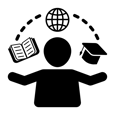 A graphic of a person juggling a book, a globe, and a graduation hat, representing Lumio's customized professional learning.