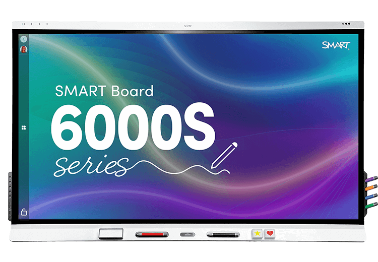 SMART Board 6000S series interactive display with multi-color gradient screen and tools for writing and collaboration.