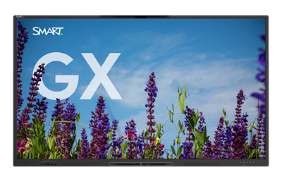 A SMART Board GX series display presents a clear blue sky over a field of purple flowers.