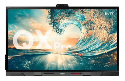 QX Pro SMART Board for business meetings, featuring a vibrant image of a cresting ocean wave under a sunset, symbolising dynamic and powerful business solutions.