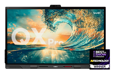 QX Pro SMART Board for business meetings, featuring a vibrant image of a cresting ocean wave under a sunset, symbolizing dynamic and powerful business solutions.