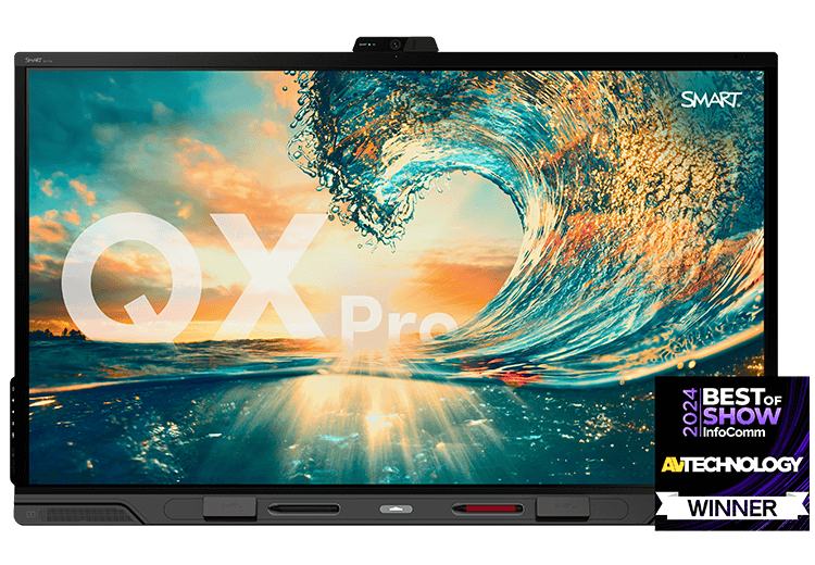 SMART QX Pro interactive display showing an ocean wave background and InfoComm 2024 Best of Show Award Winner badge.