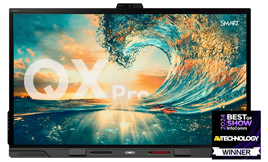 SMART QX Pro interactive display showing an ocean wave background and InfoComm 2024 Best of Show Award Winner badge.