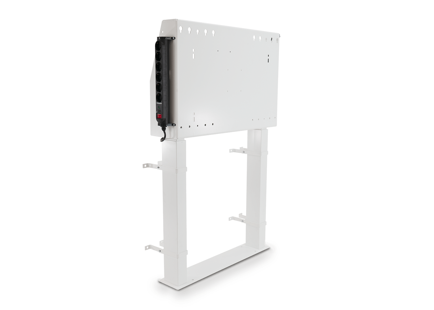 A white SMART wall stand with a height-adjustable mount and a power strip, engineered to transfer the weight of a display to the floor, which mitigates the need for wall reinforcement.